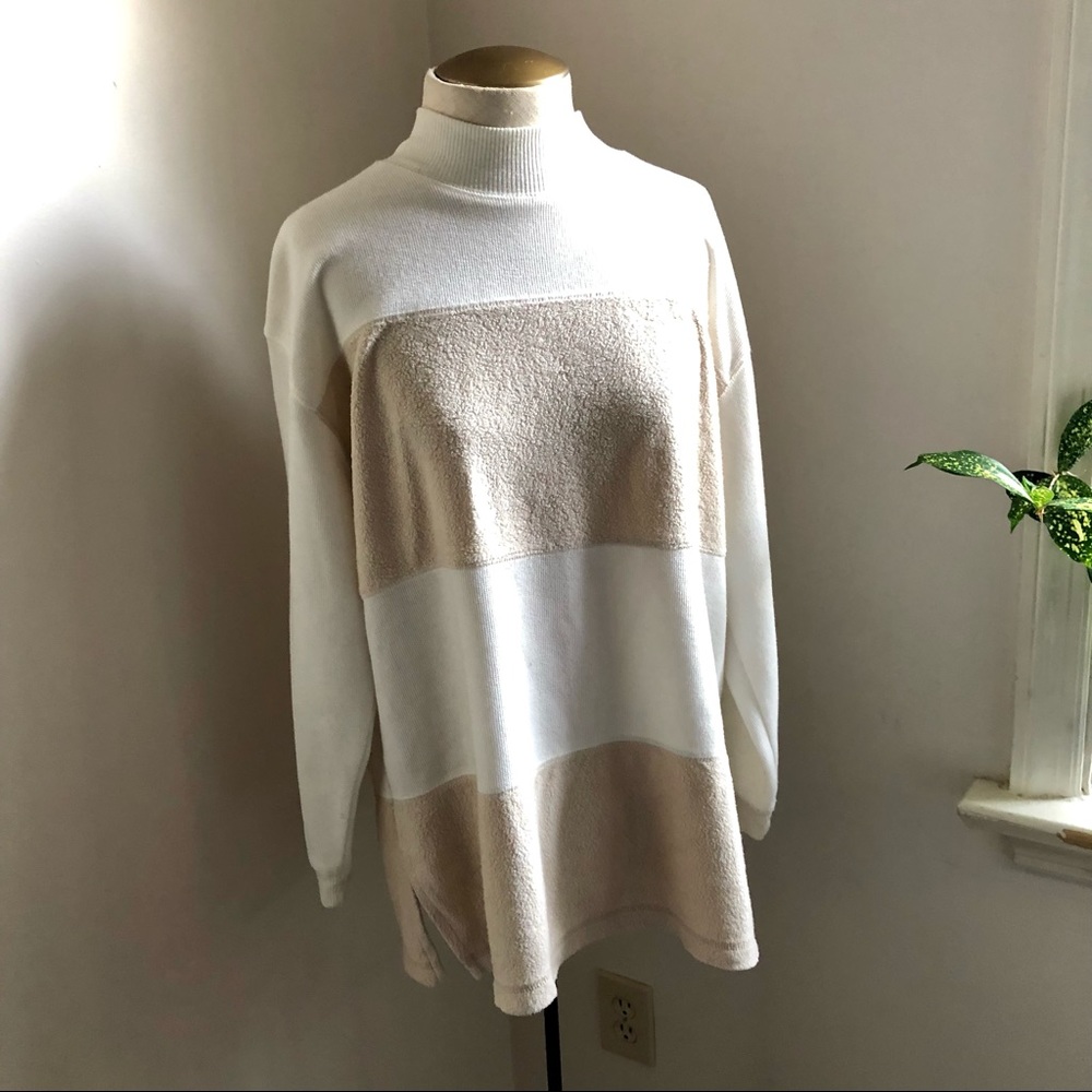 Vintage Neutral Cream/Tan Striped Mock Neck Long Sleeve Top